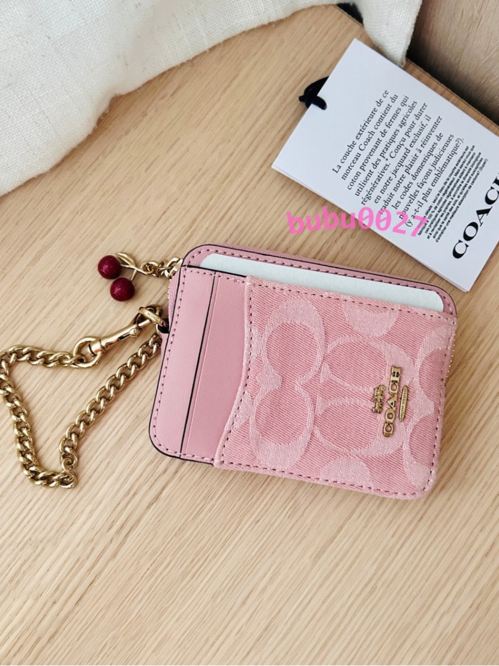 NWT🍒Coach Zip Card Case In Signature Denim With Cherry Charm CFA35 Light Pink